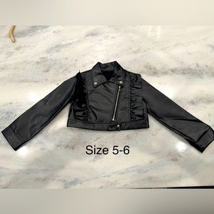 Girls faux leather cropped jacket, motorcycle jacket, with cute ruffle detail